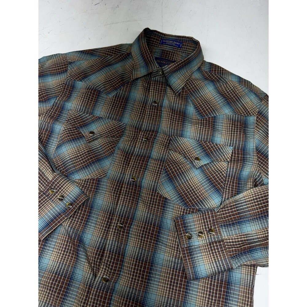 Pendleton Shirt Mens Frontier Shirt Pearl Snap Western Cowboy Plaid Blue Brown
